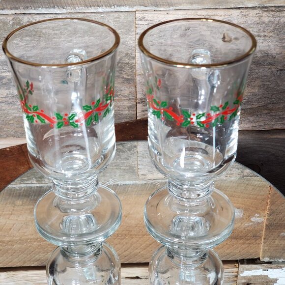 Libbey Irish Coffee Mugs - Green & Red Holly - Red Ribbon - Price for Pair - Picture 5 of 8